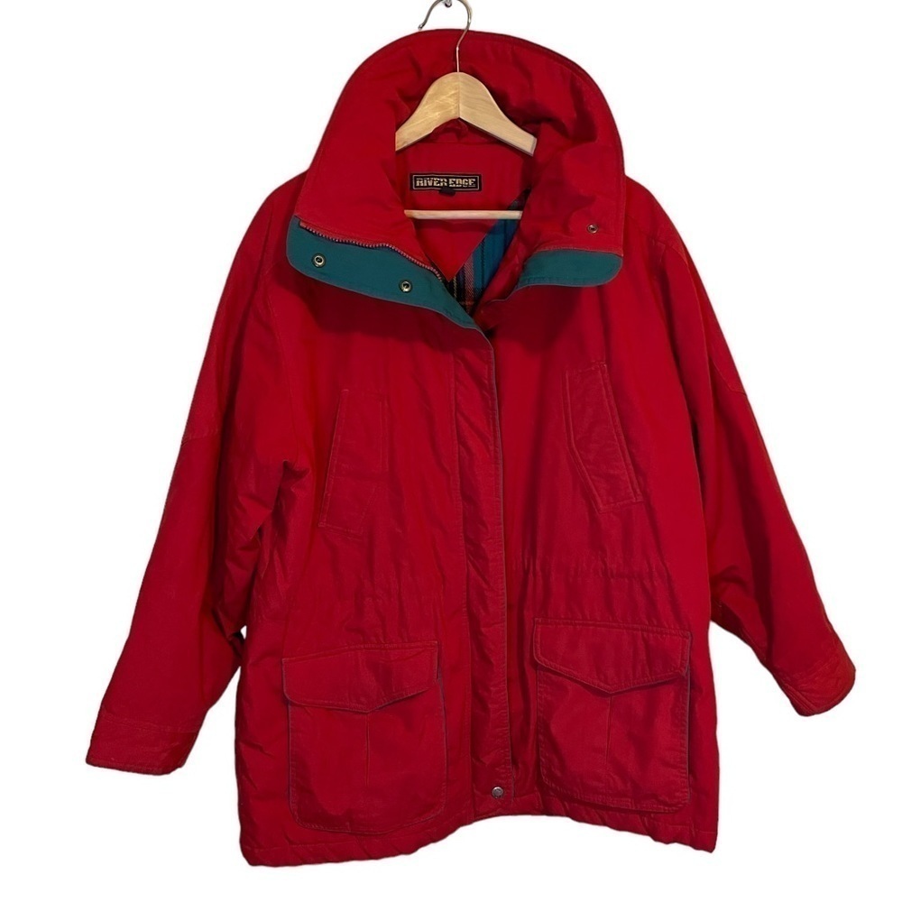 Vintage River Edge Red Coat Mens Size L 80’s Snow Full Zipper Snap Front